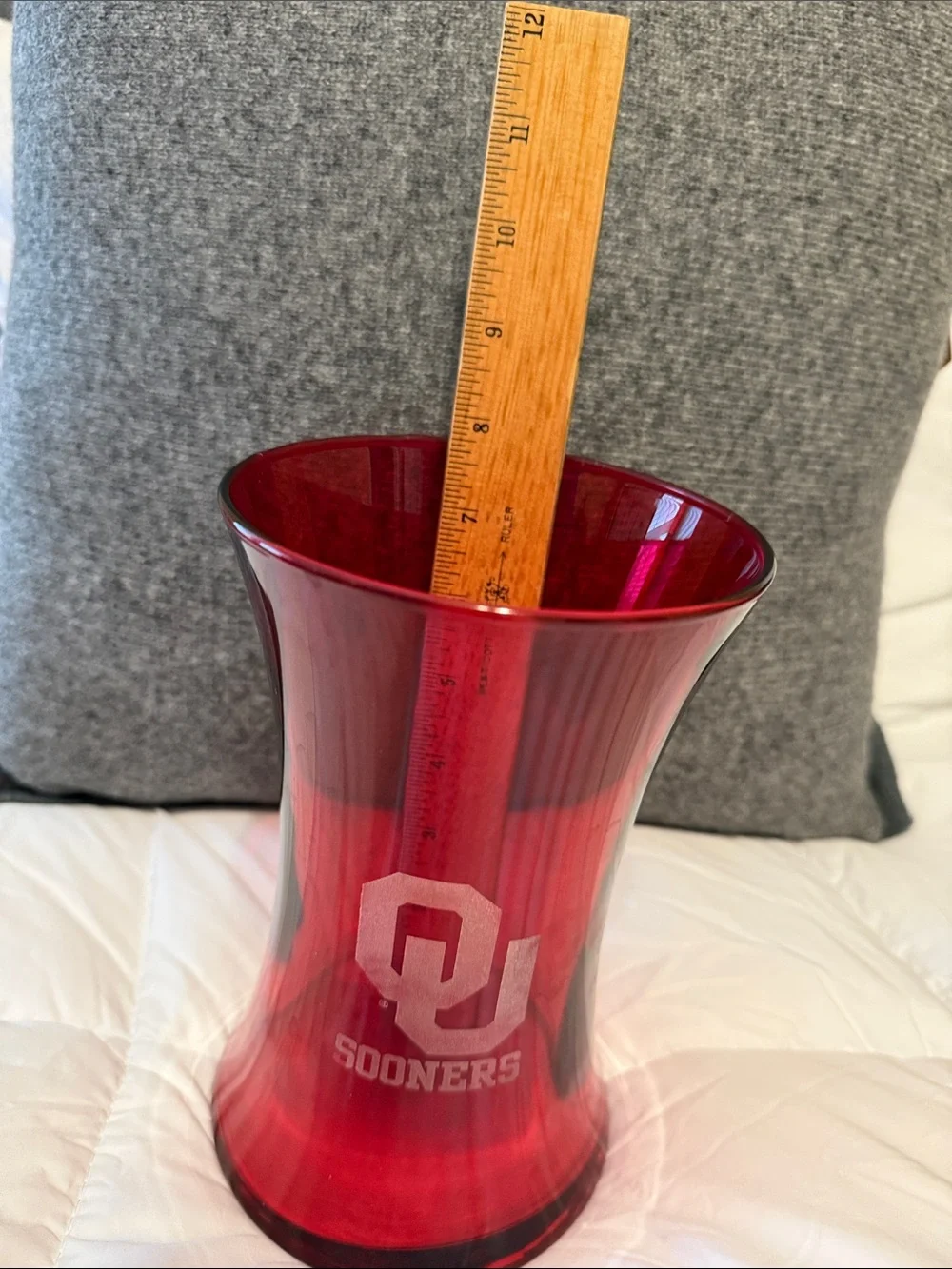 Red Glass Decorative Vase with OU Sooners Etching